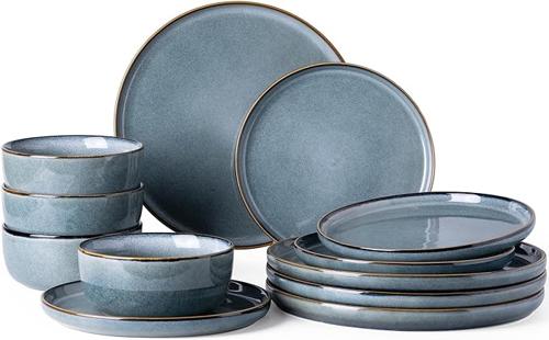 太空蓝陶瓷餐具套装，4/12件套，防碎防刮，洗碗机及微波炉适用