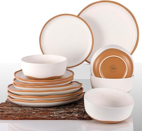 Lareina餐具套装12件，陶瓷餐盘碗套装，防碎裂洗碗机安全，哑光香草白
